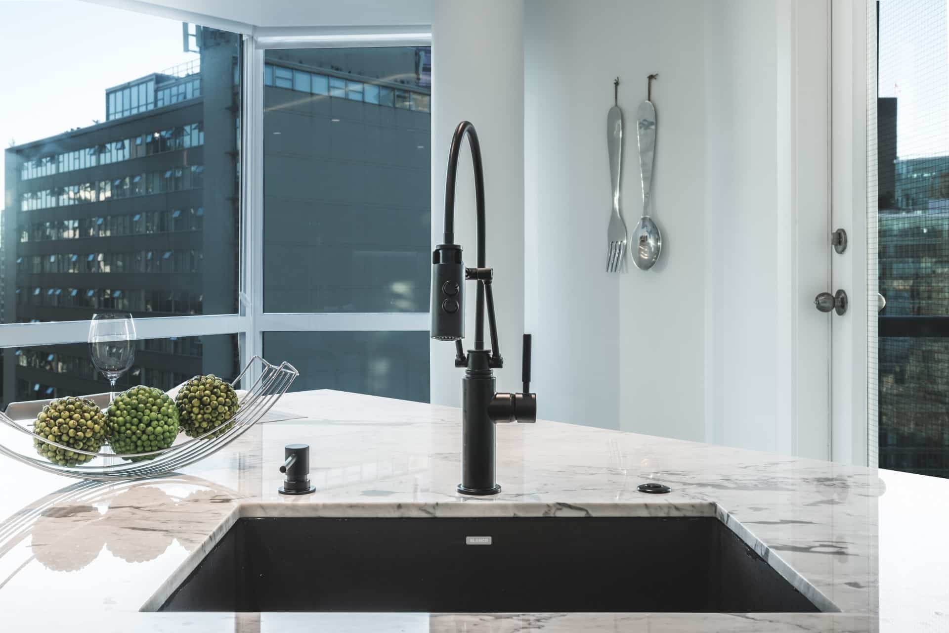 black-brizo-faucet-blanco-sink-soap-dispencer-marble-countertops